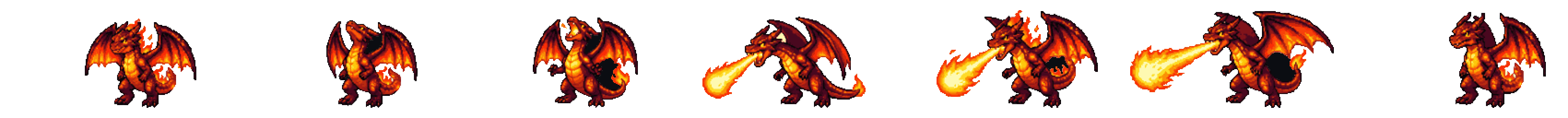Pixel art dragon fire breath attack sprite sheet, 7 wide frames in one row, 3402×256 px, made with SpriteLab