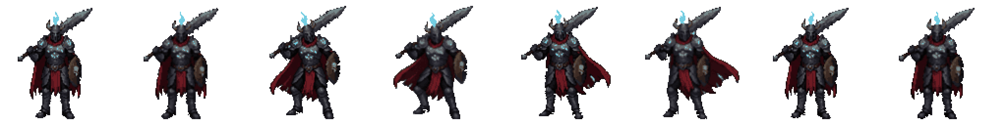 Pixel art dark knight idle animation sprite sheet, 8 frames in one row, 2048×256 px, made with SpriteLab