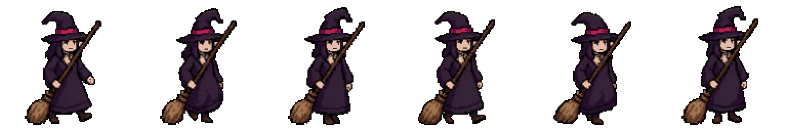 Pixel art witch walk cycle as a sprite sheet of six equal frames in one row
